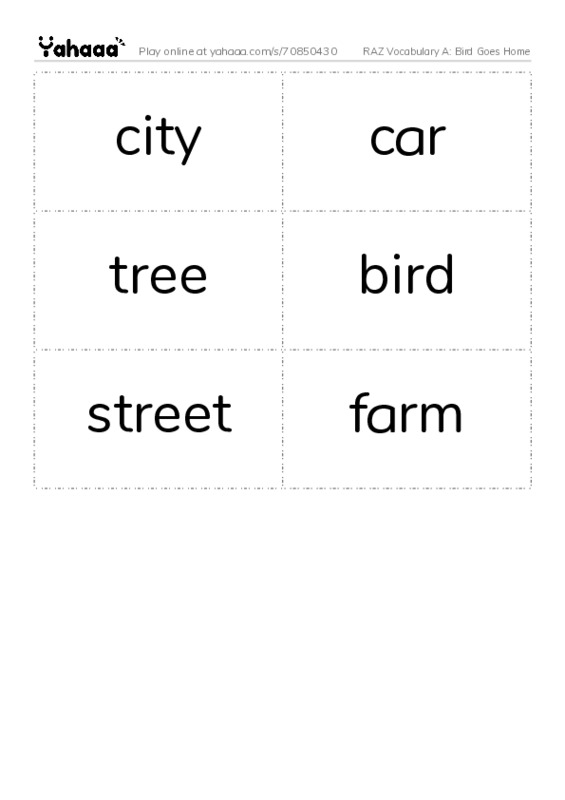 RAZ Vocabulary A: Bird Goes Home PDF two columns flashcards