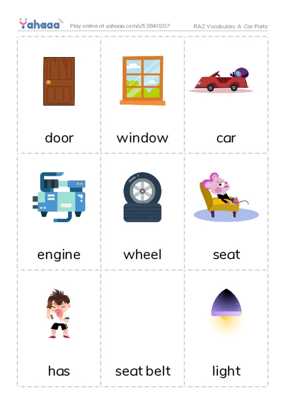RAZ Vocabulary A: Car Parts PDF flaschards with images