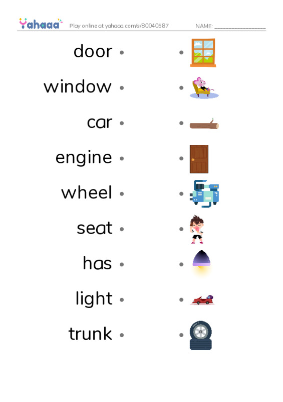 RAZ Vocabulary A: Car Parts PDF link match words worksheet