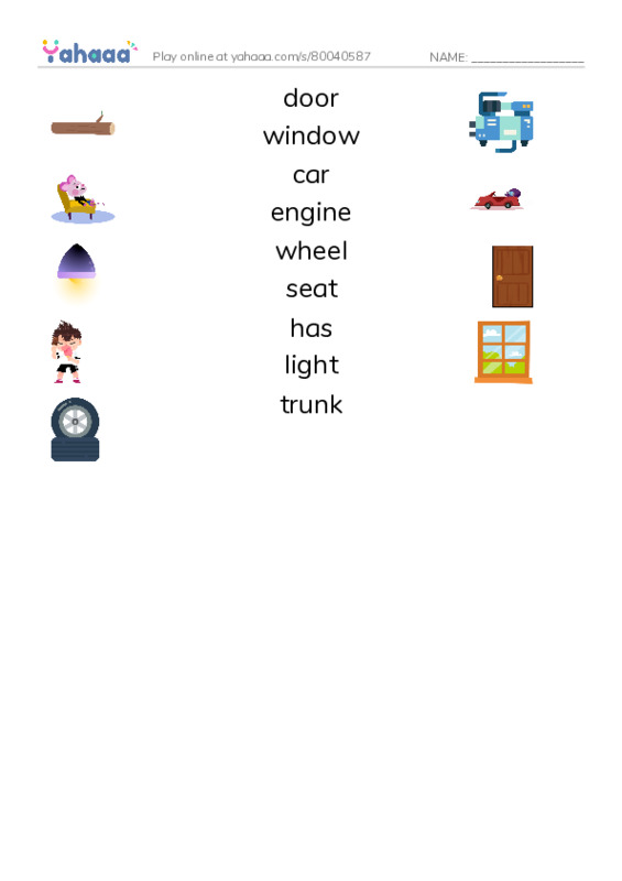 RAZ Vocabulary A: Car Parts PDF three columns match words