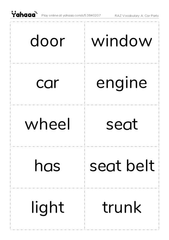 RAZ Vocabulary A: Car Parts PDF two columns flashcards