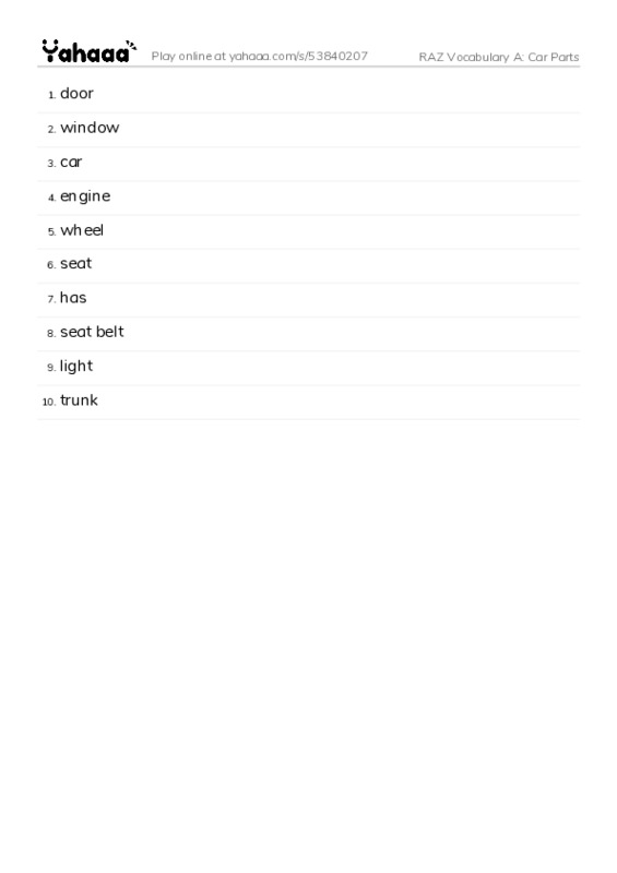 RAZ Vocabulary A: Car Parts PDF words glossary