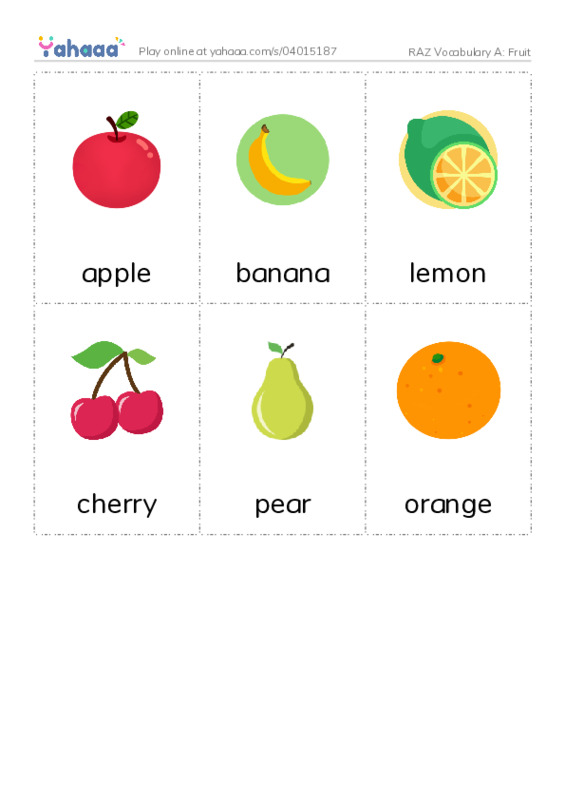 RAZ Vocabulary A: Fruit PDF flaschards with images
