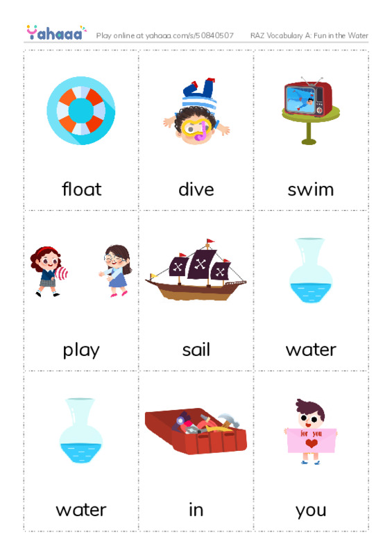 RAZ Vocabulary A: Fun in the Water PDF flaschards with images
