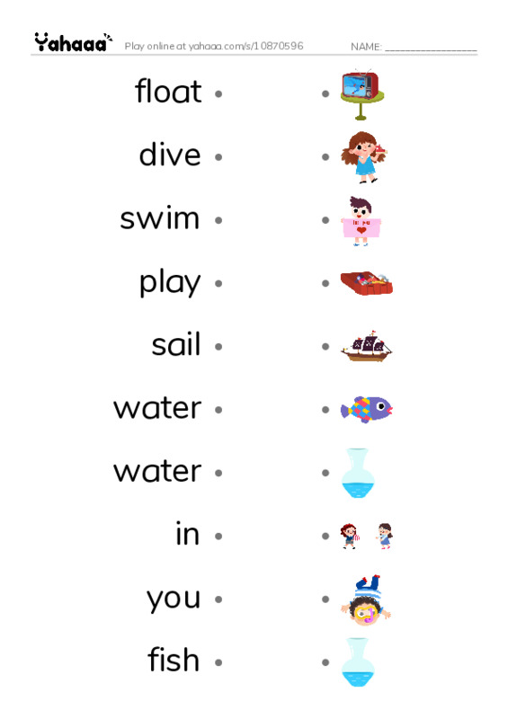RAZ Vocabulary A: Fun in the Water PDF link match words worksheet