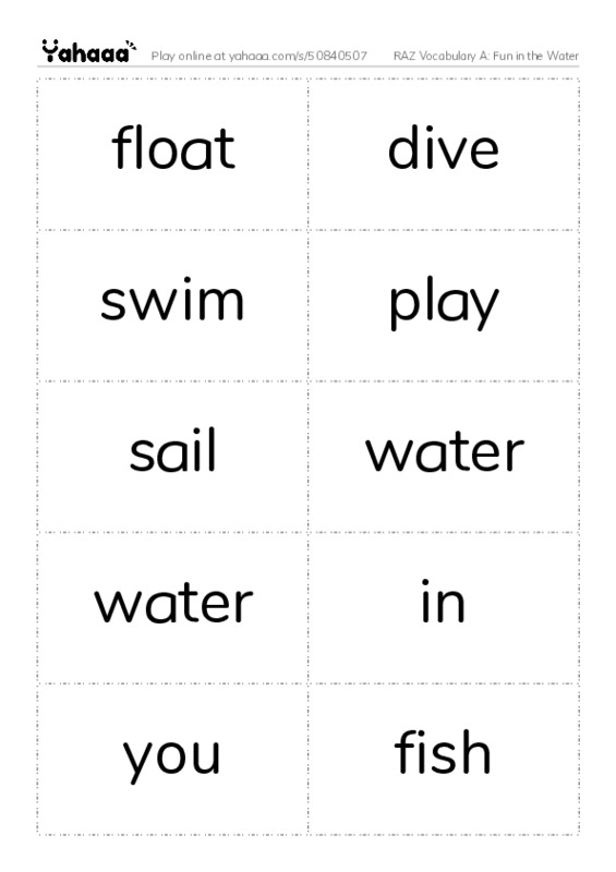 RAZ Vocabulary A: Fun in the Water PDF two columns flashcards