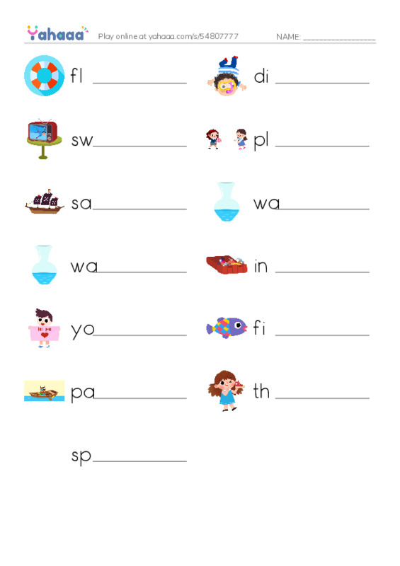 RAZ Vocabulary A: Fun in the Water PDF worksheet writing row