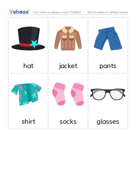 RAZ Vocabulary A: Getting Dressed PDF flaschards with images