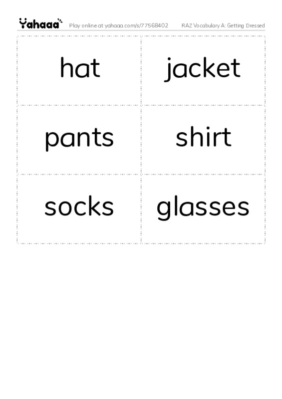RAZ Vocabulary A: Getting Dressed PDF two columns flashcards