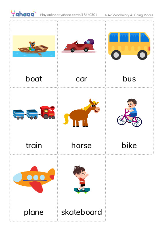 RAZ Vocabulary A: Going Places PDF flaschards with images