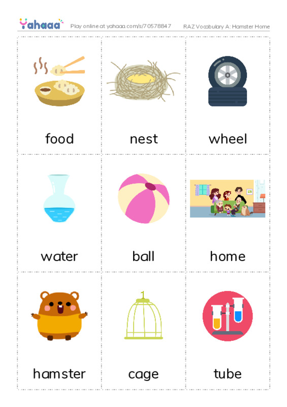 RAZ Vocabulary A: Hamster Home PDF flaschards with images
