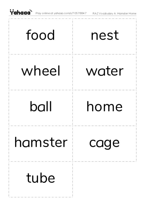 RAZ Vocabulary A: Hamster Home PDF two columns flashcards
