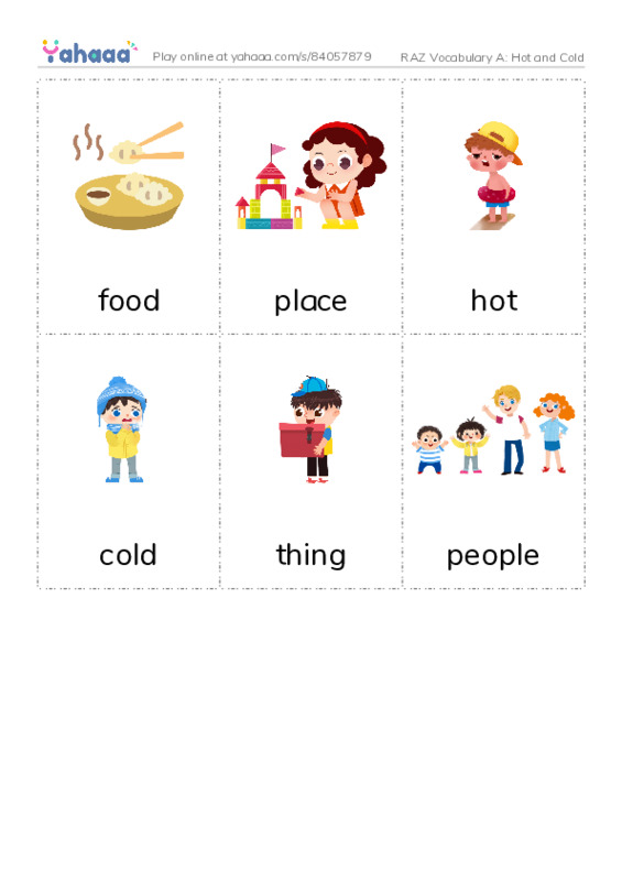 RAZ Vocabulary A: Hot and Cold PDF flaschards with images