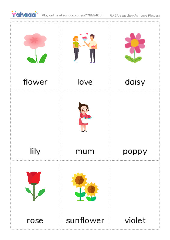 RAZ Vocabulary A: I Love Flowers PDF flaschards with images