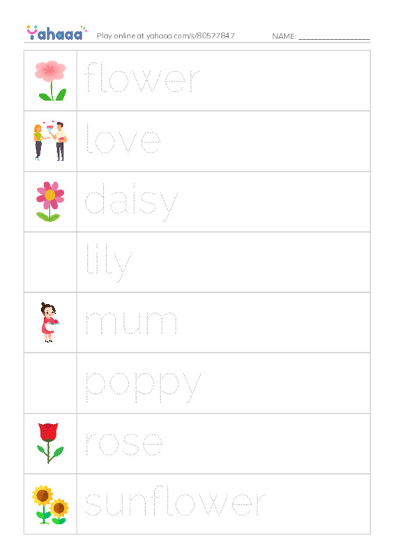 RAZ Vocabulary A: I Love Flowers PDF one column image words