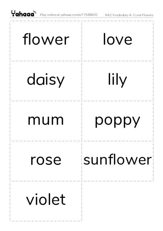 RAZ Vocabulary A: I Love Flowers PDF two columns flashcards