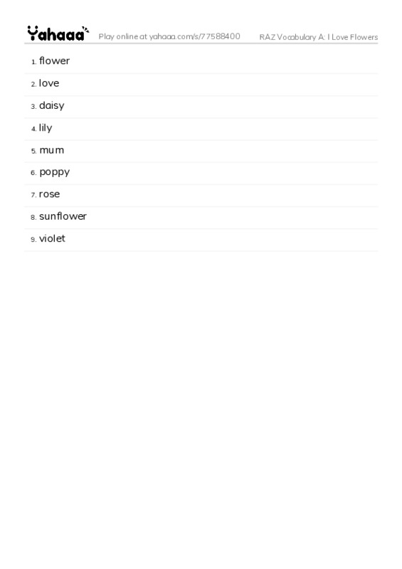RAZ Vocabulary A: I Love Flowers PDF words glossary