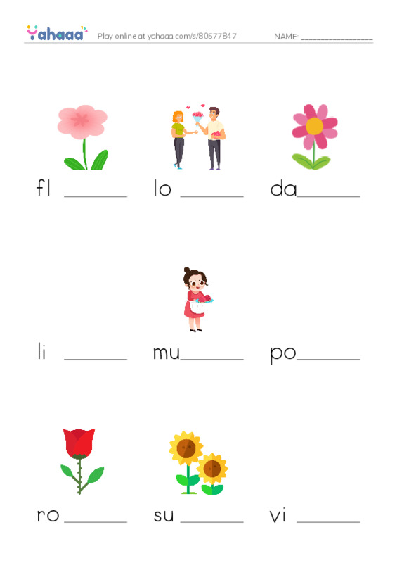 RAZ Vocabulary A: I Love Flowers PDF worksheet to fill in words gaps