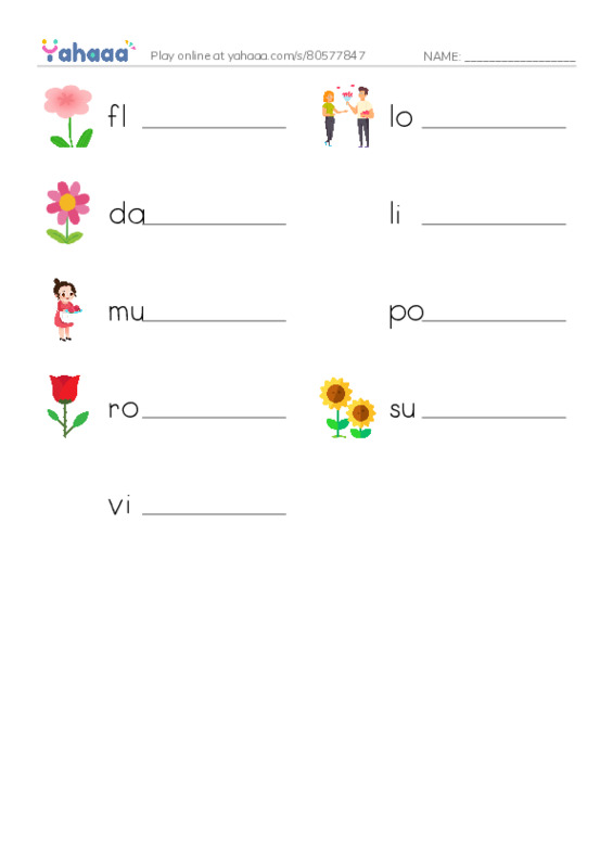 RAZ Vocabulary A: I Love Flowers PDF worksheet writing row
