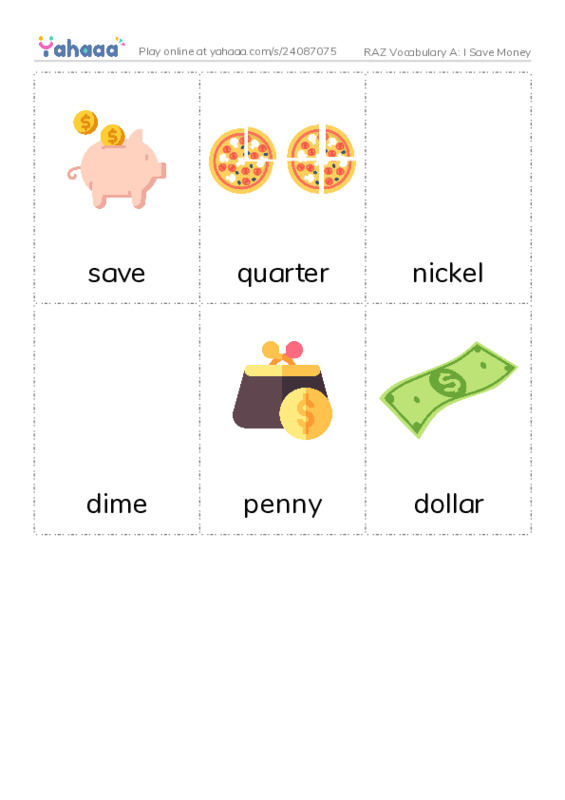RAZ Vocabulary A: I Save Money PDF flaschards with images