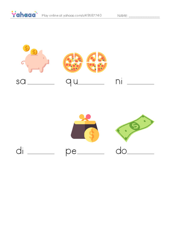 RAZ Vocabulary A: I Save Money PDF worksheet to fill in words gaps