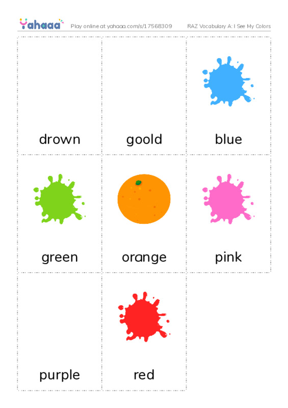 RAZ Vocabulary A: I See My Colors PDF flaschards with images