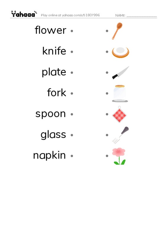 RAZ Vocabulary A: I Set the Table PDF link match words worksheet