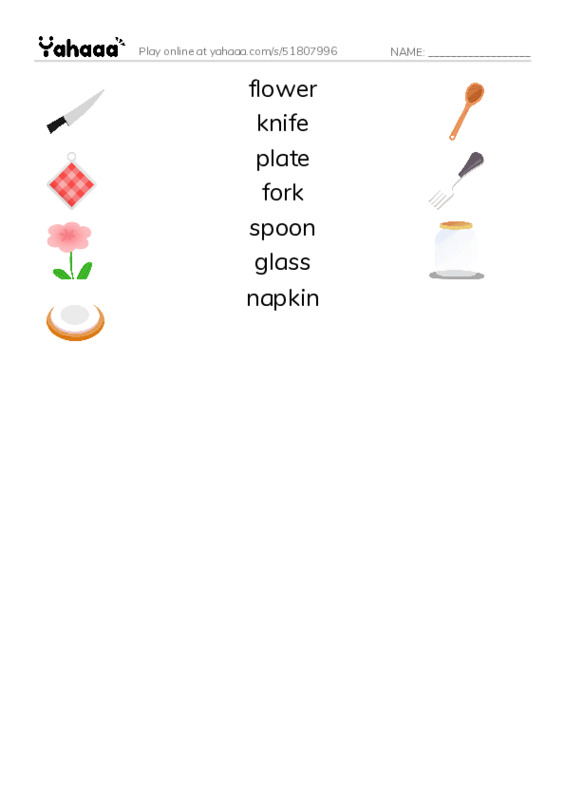 RAZ Vocabulary A: I Set the Table PDF three columns match words