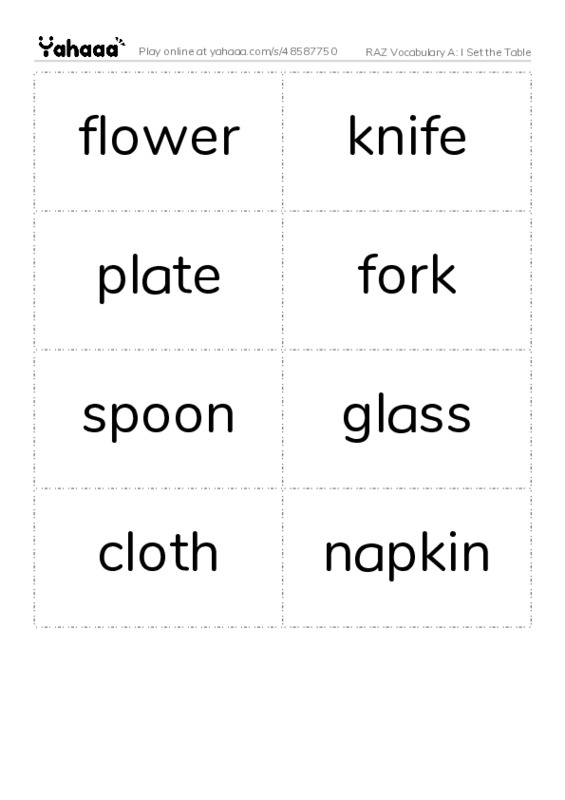 RAZ Vocabulary A: I Set the Table PDF two columns flashcards