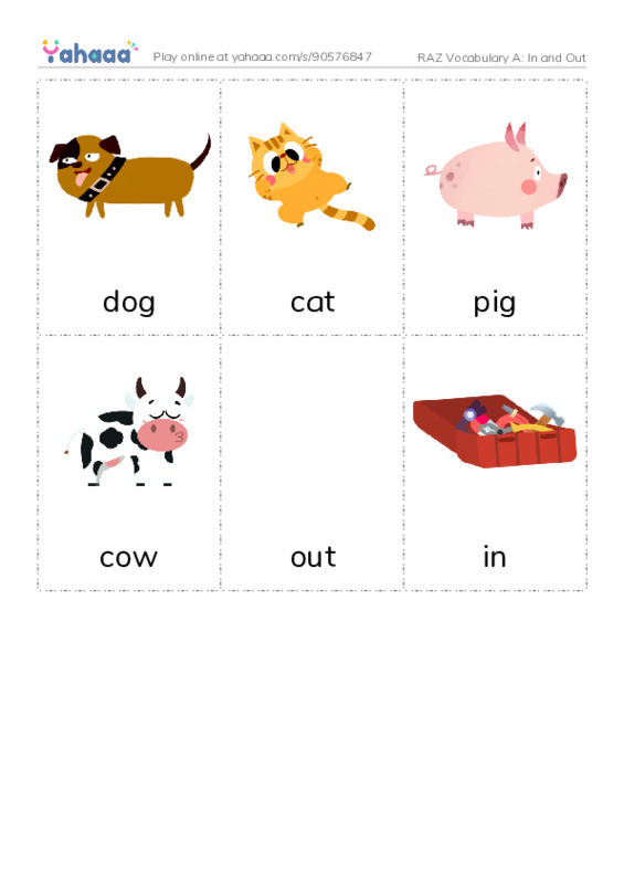 RAZ Vocabulary A: In and Out PDF flaschards with images
