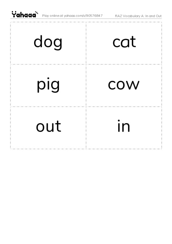 RAZ Vocabulary A: In and Out PDF two columns flashcards
