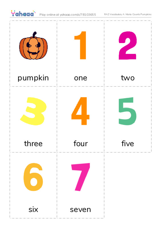 RAZ Vocabulary A: Maria Counts Pumpkins PDF flaschards with images