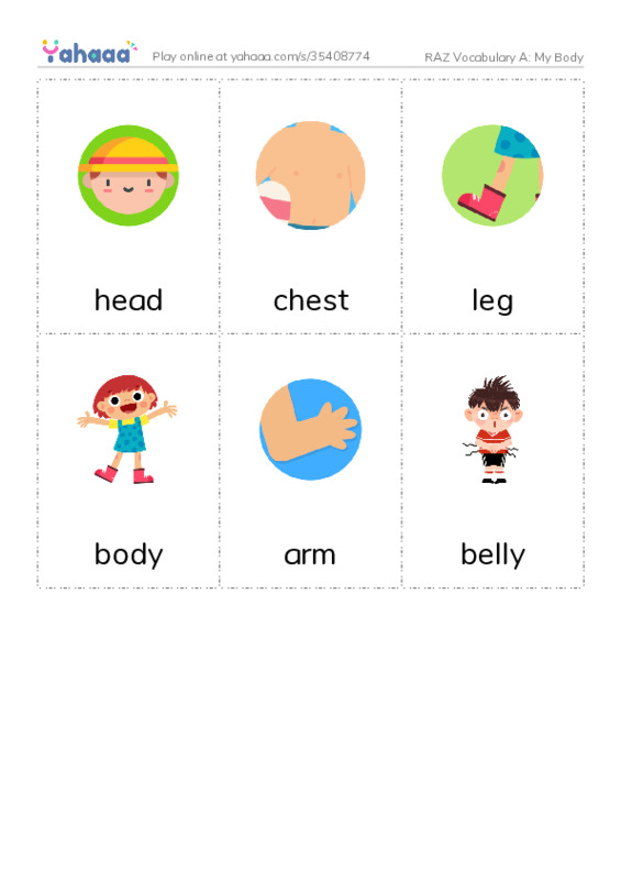 RAZ Vocabulary A: My Body PDF flaschards with images