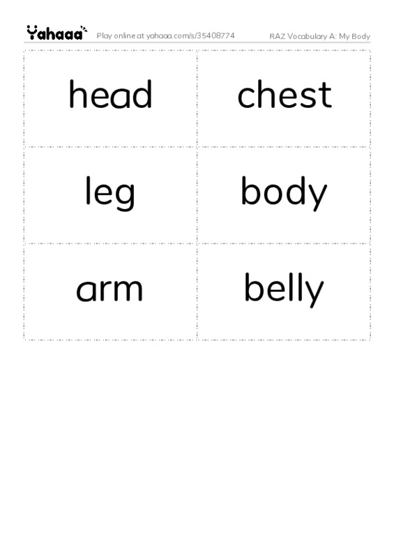 RAZ Vocabulary A: My Body PDF two columns flashcards