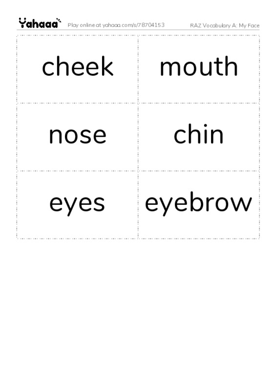 RAZ Vocabulary A: My Face PDF two columns flashcards