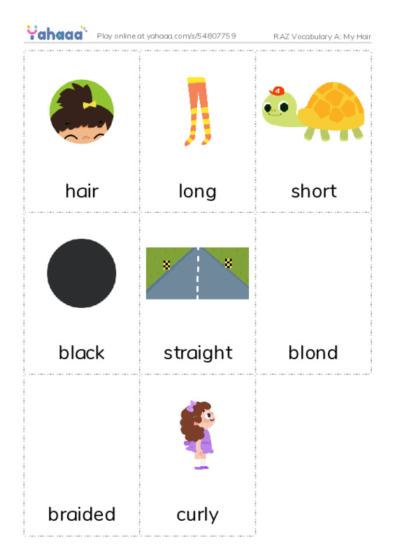 RAZ Vocabulary A: My Hair PDF flaschards with images