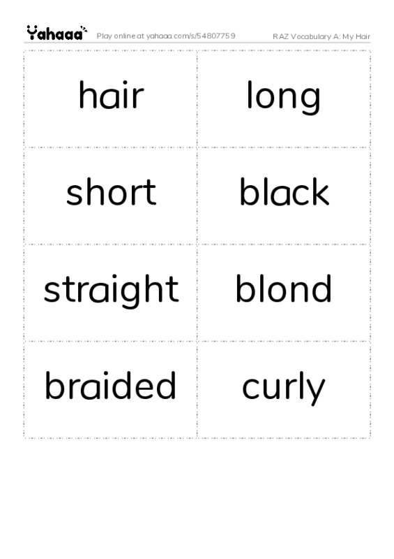 RAZ Vocabulary A: My Hair PDF two columns flashcards