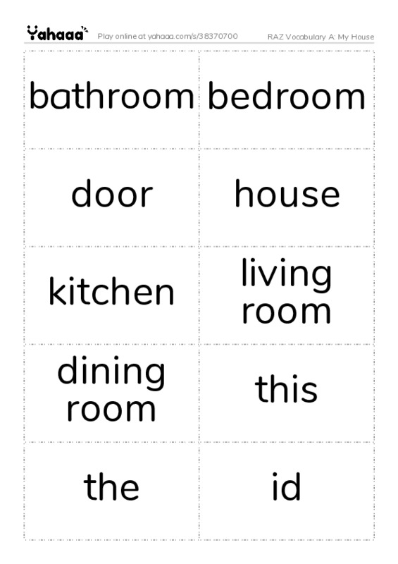 RAZ Vocabulary A: My House PDF two columns flashcards