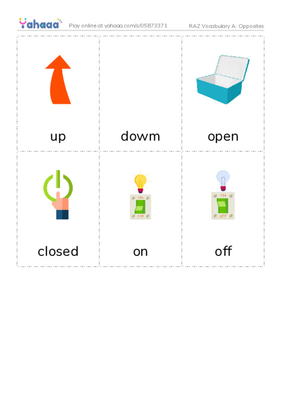 RAZ Vocabulary A: Opposites PDF flaschards with images