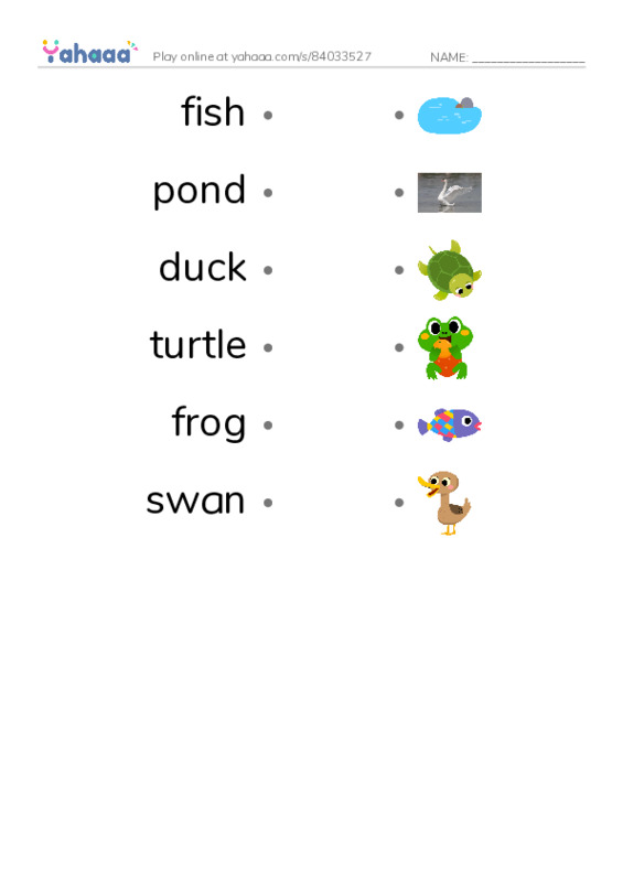 RAZ Vocabulary A: Pond Animals PDF link match words worksheet