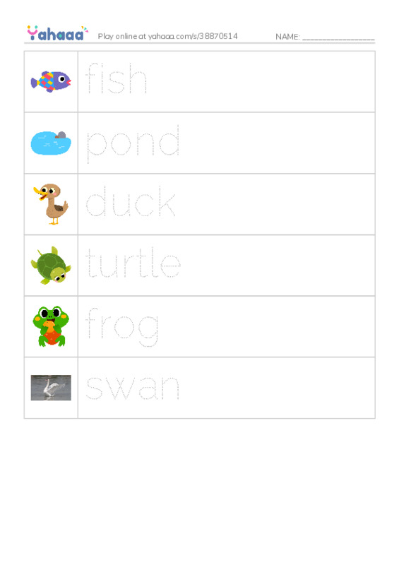 RAZ Vocabulary A: Pond Animals PDF one column image words