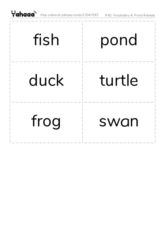 RAZ Vocabulary A: Pond Animals PDF two columns flashcards