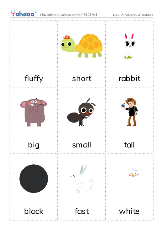 RAZ Vocabulary A: Rabbits PDF flaschards with images