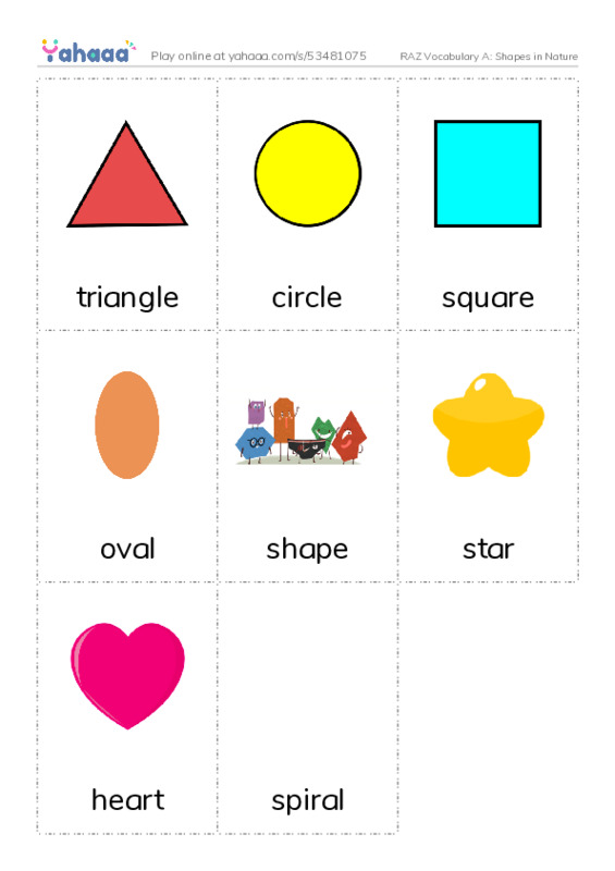RAZ Vocabulary A: Shapes in Nature PDF flaschards with images