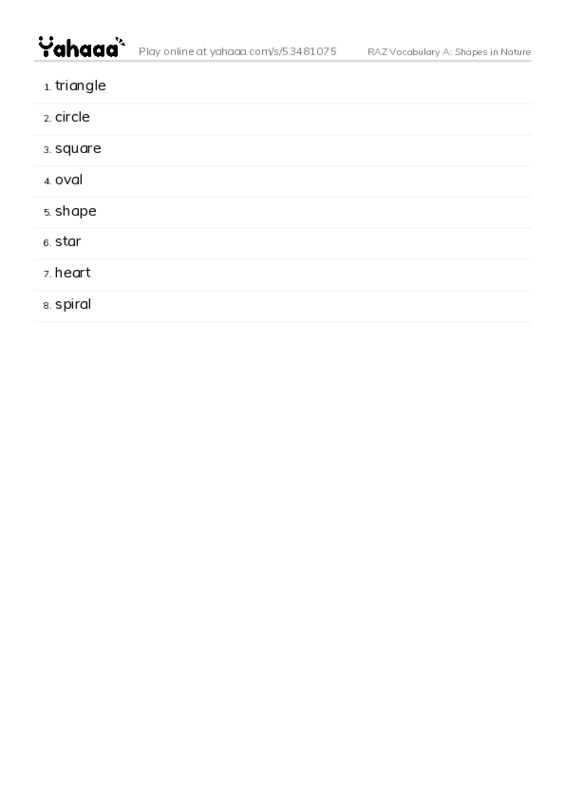 RAZ Vocabulary A: Shapes in Nature PDF words glossary