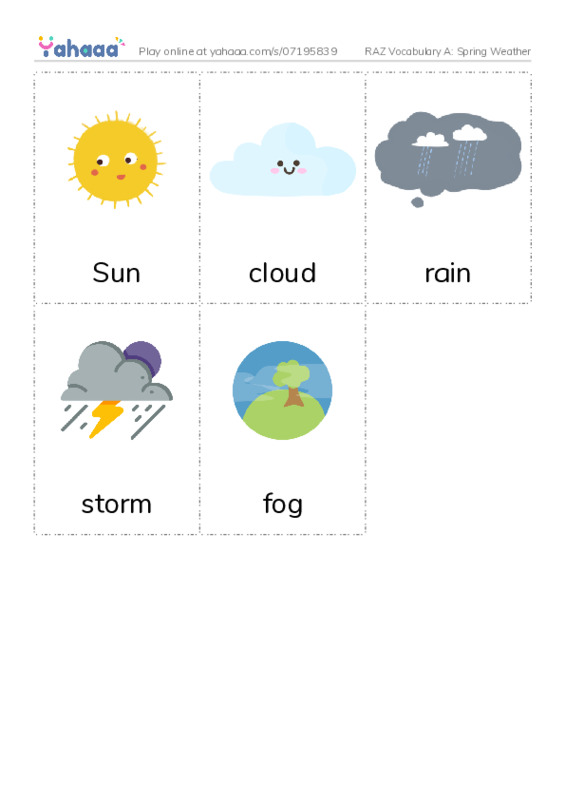 RAZ Vocabulary A: Spring Weather PDF flaschards with images