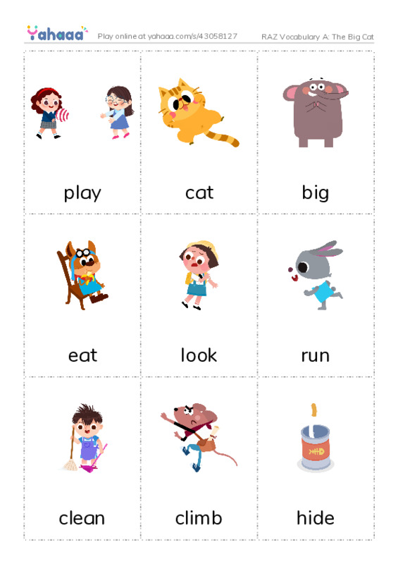RAZ Vocabulary A: The Big Cat PDF flaschards with images