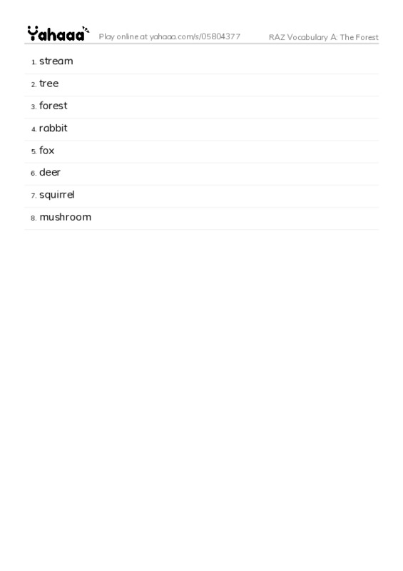 RAZ Vocabulary A: The Forest PDF words glossary