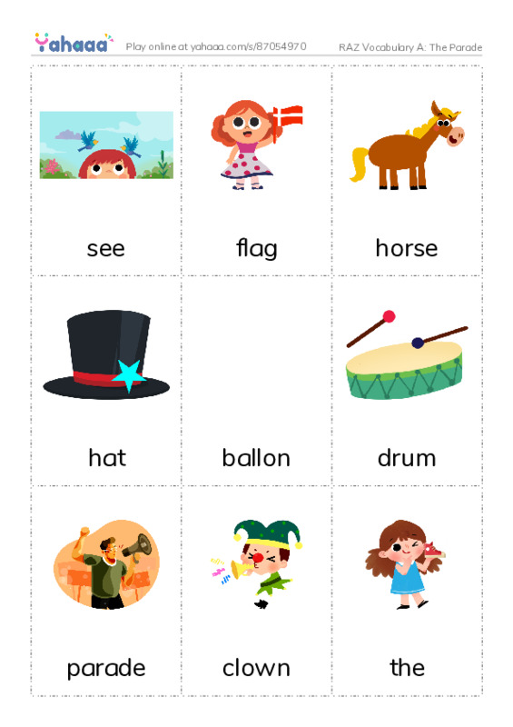 RAZ Vocabulary A: The Parade PDF flaschards with images