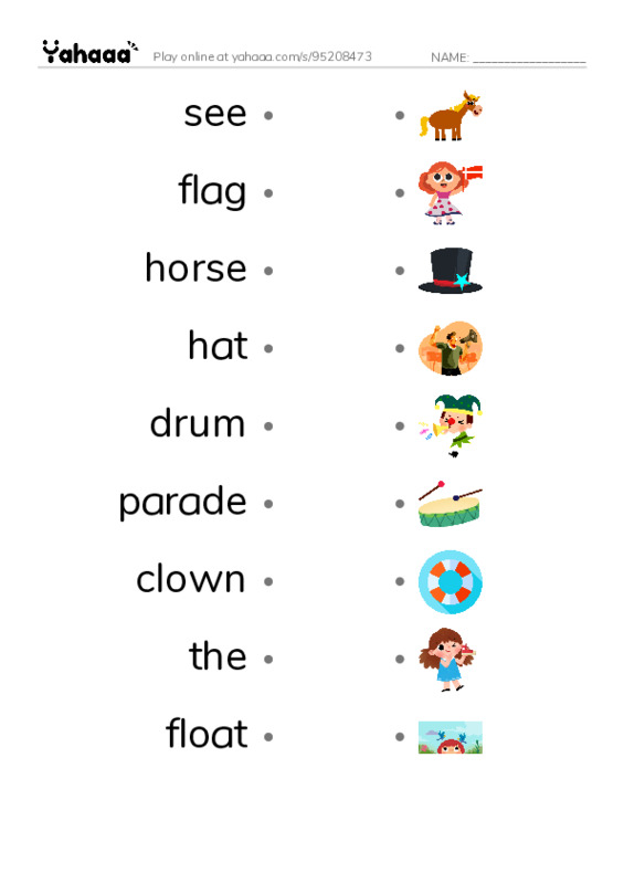 RAZ Vocabulary A: The Parade PDF link match words worksheet
